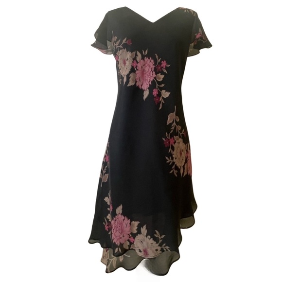 Donna Ricco Dresses & Skirts - Black pink floral midi dress short sleeves, V-neckl asymmetrical hem 10 Petite